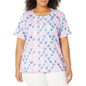 Alfred Dunner Plus Size 1X Hearts Print Center Lace Short Sleeve Top Pink
